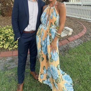 L’IDEE Boheme Gown Pleated Maxi Dress in Yellow Floral